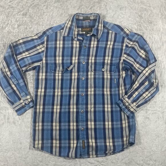 Vintage Timberland Flannel Shirt Men's S Plaid Button Down Blue Cabincore - Picture 1 of 6